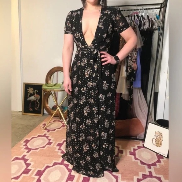 Sadie + Sage | Black + Gold Floral Maxi Dress | Deep V | Size Small - Picture 2 of 10